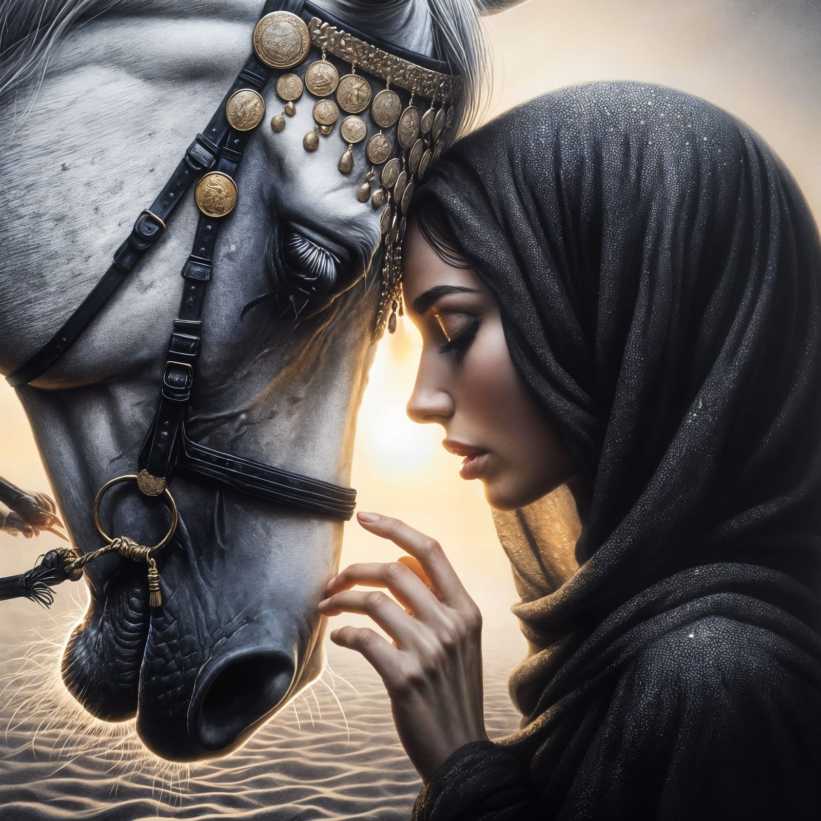 Middle Eastern Woman and Arabian Stallion at Sunset