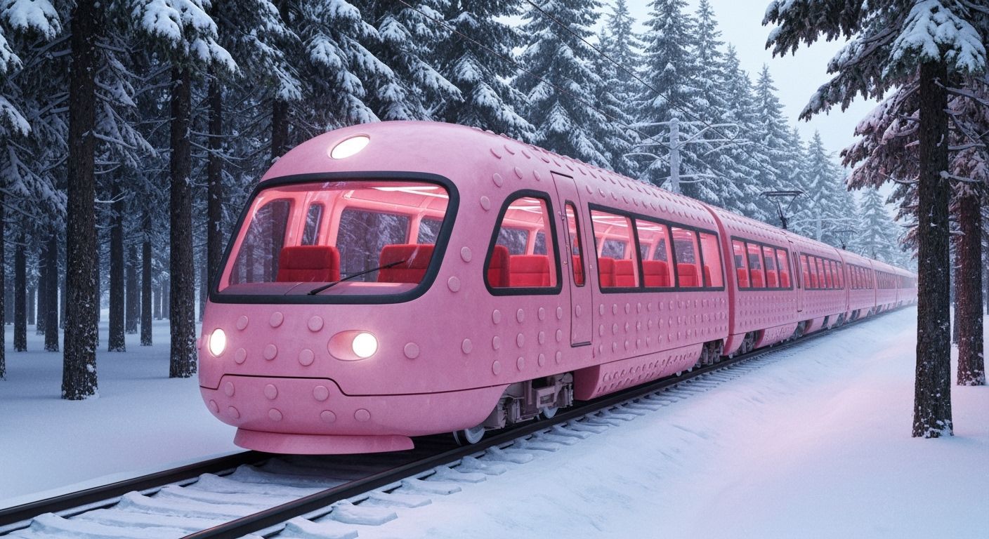 Futuristic Pink Train Through Snowy Forest