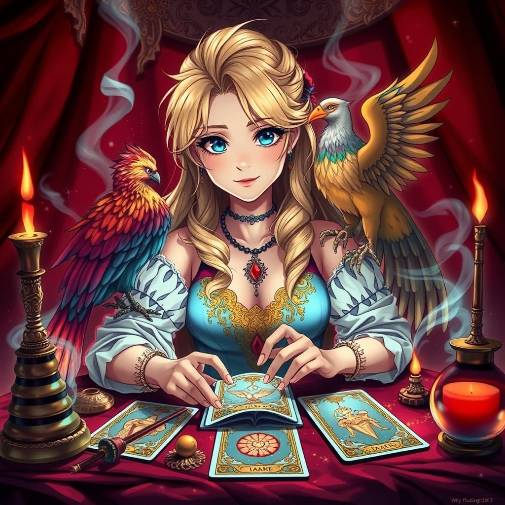 Anime Tarot Reader with Phoenix and Sparkles