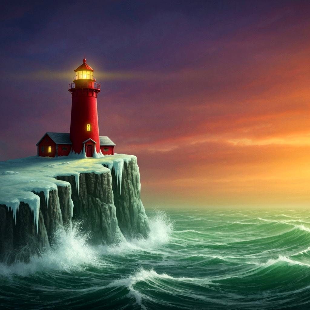 Red Lighthouse in Icy Winter Seascape
