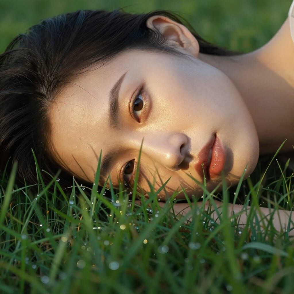 Woman Relaxing in Sunlit Grass with Water Drops