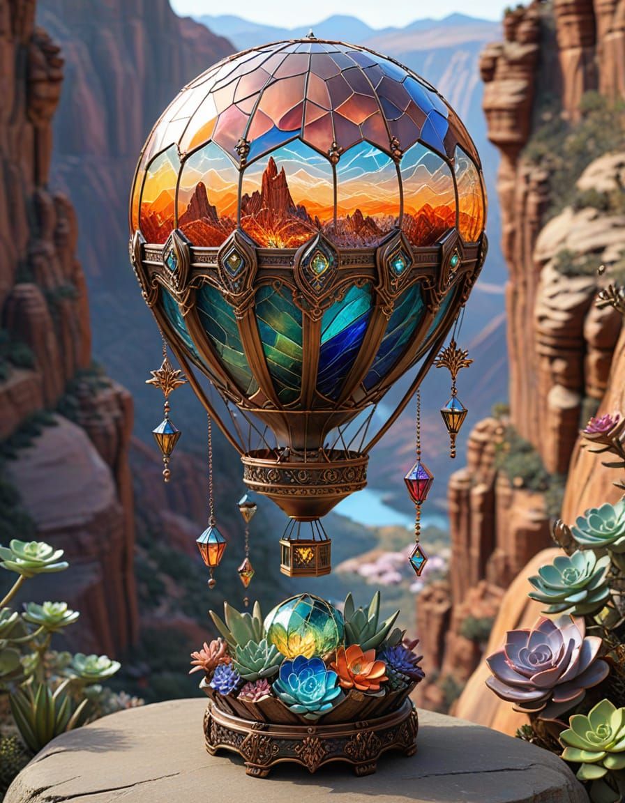 Elven Hot Air Balloon Adorned with Jewels in Canyon Landscap...
