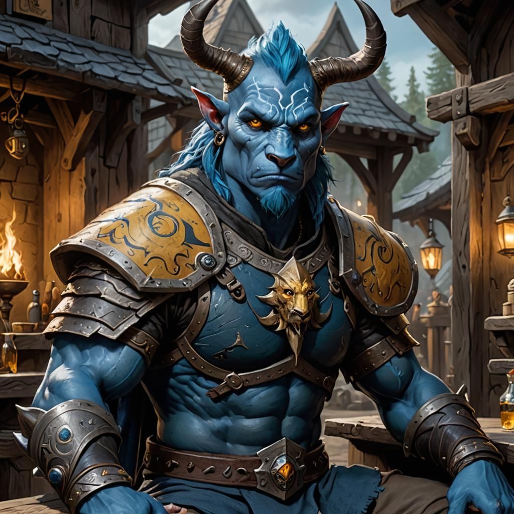 Fearsome Firbolg Portrait in Detailed Tavern Scene