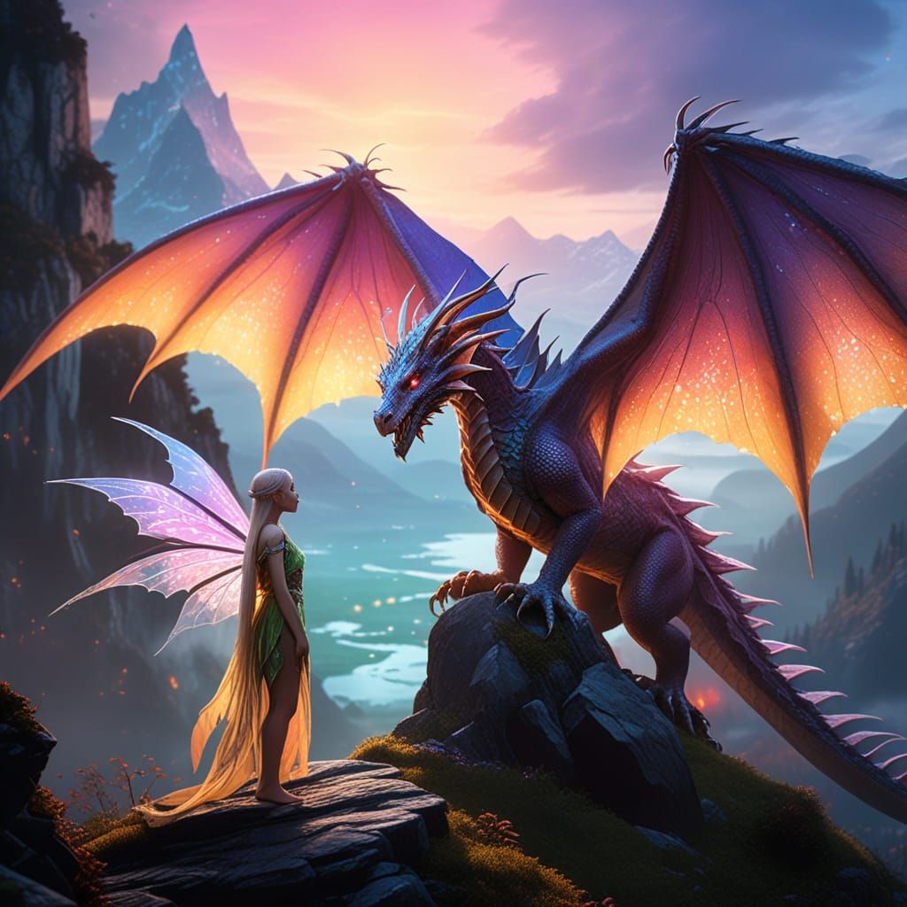 Elven Fairy and Dragon Conversation in Fantasy Landscape