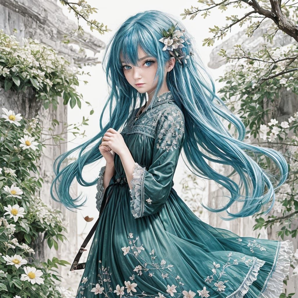 A Lonely Anime Girl Surrounded by Fading Florals