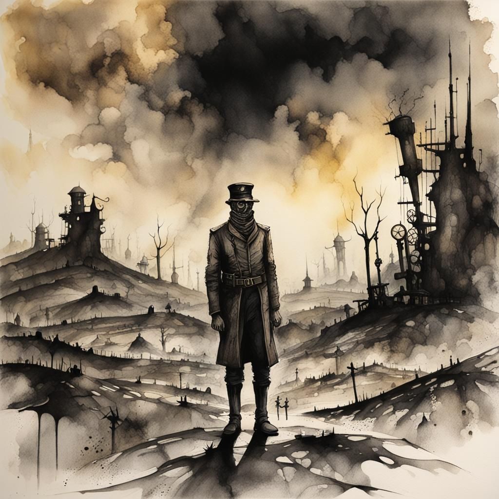 Steampunk Battlefield Ink Painting Inspired by Beksinski