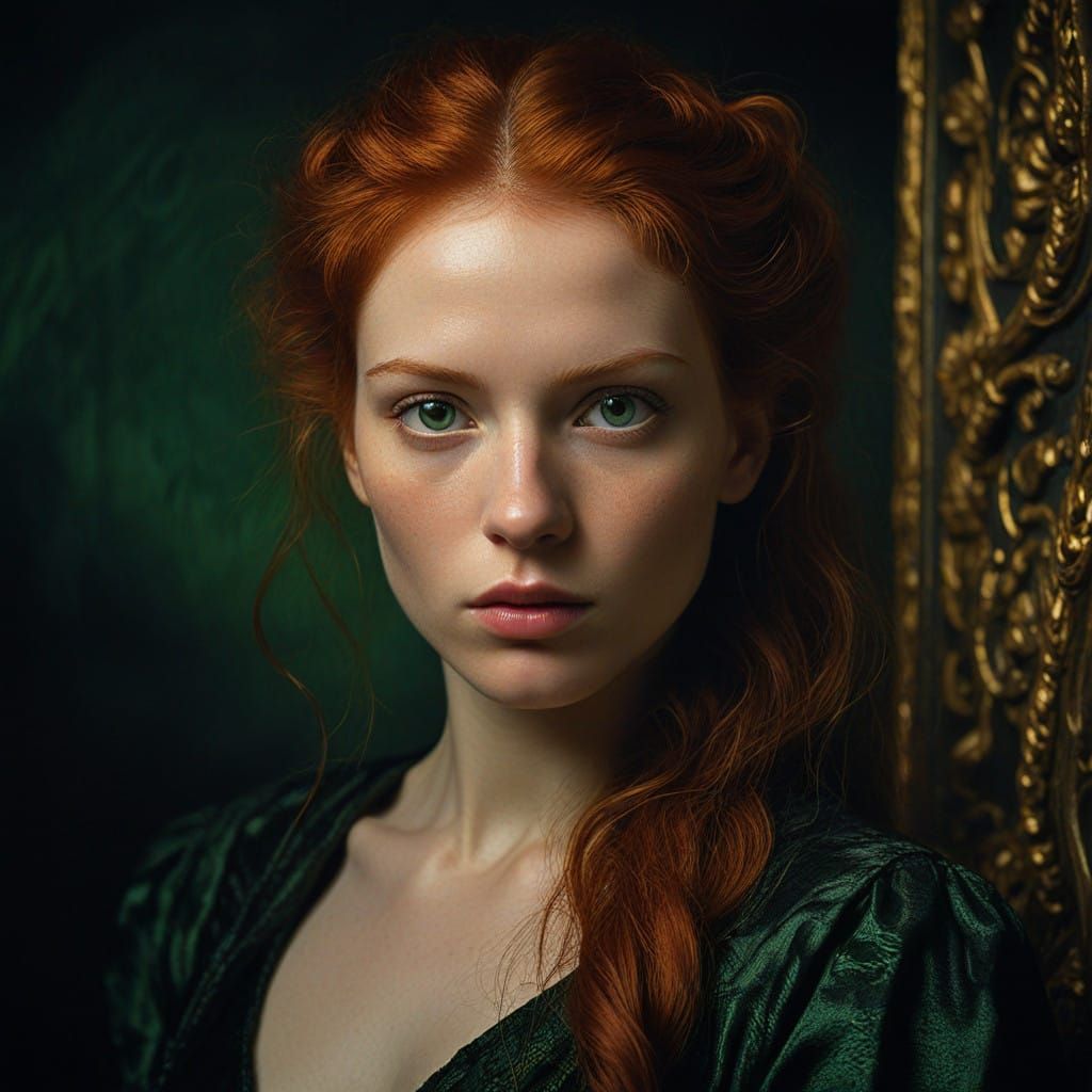 Enchanting Portrait of a Red-Haired Woman in Baroque-Inspire...