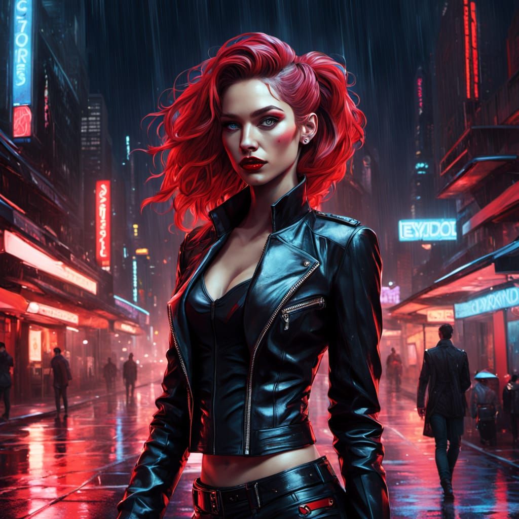Confident Futuristic Waitress in Neon-Lit Rainy Streets