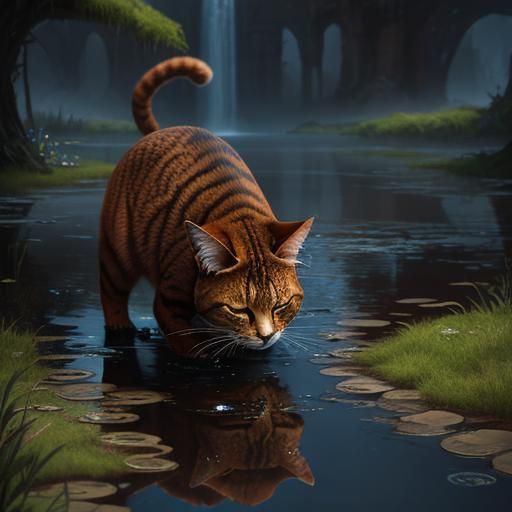 Brown Cat Contemplates Reflection: Detailed Matte Painting