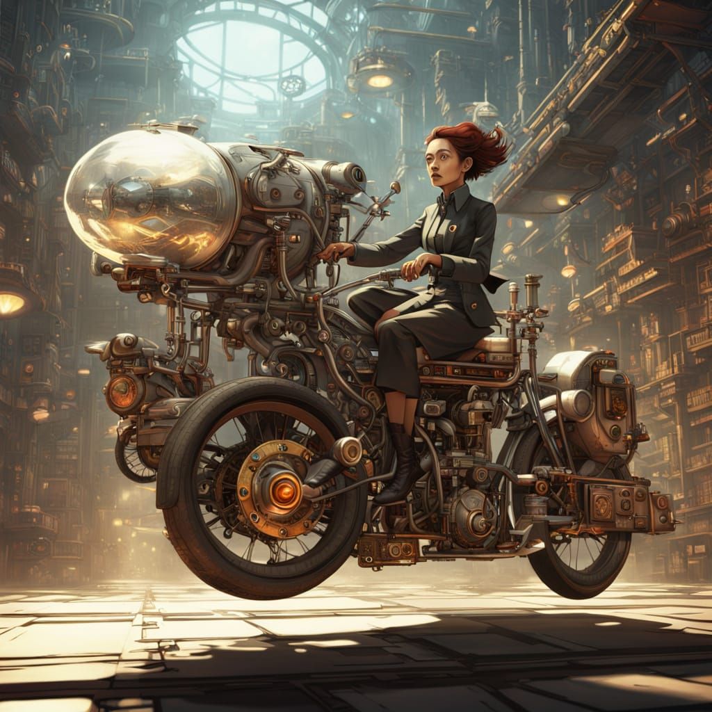 Steampunk Scientist's Flying Bike in Elegant Retrofuturistic...