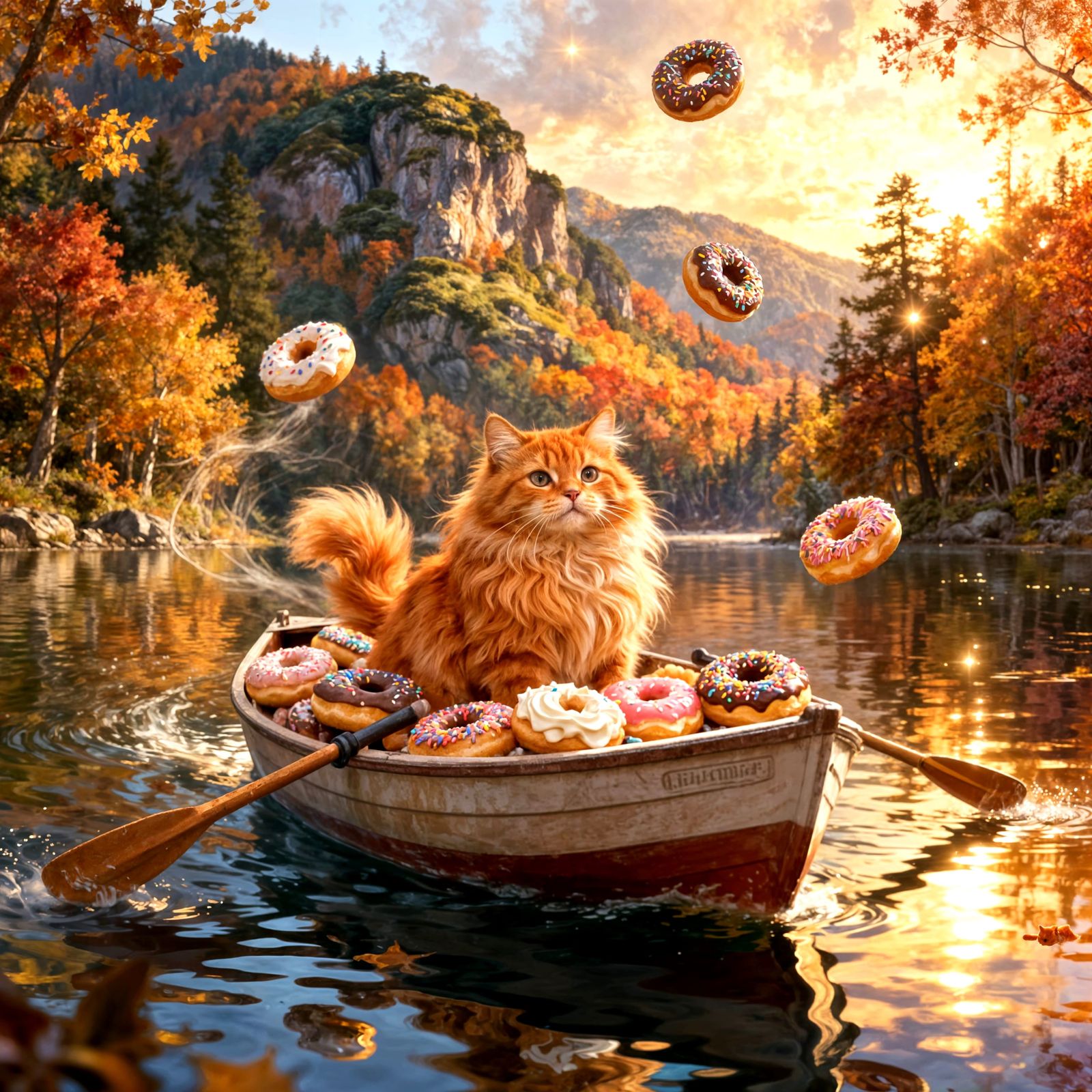 Fluffy Orange Cat Delivers Donuts in a Rowboat