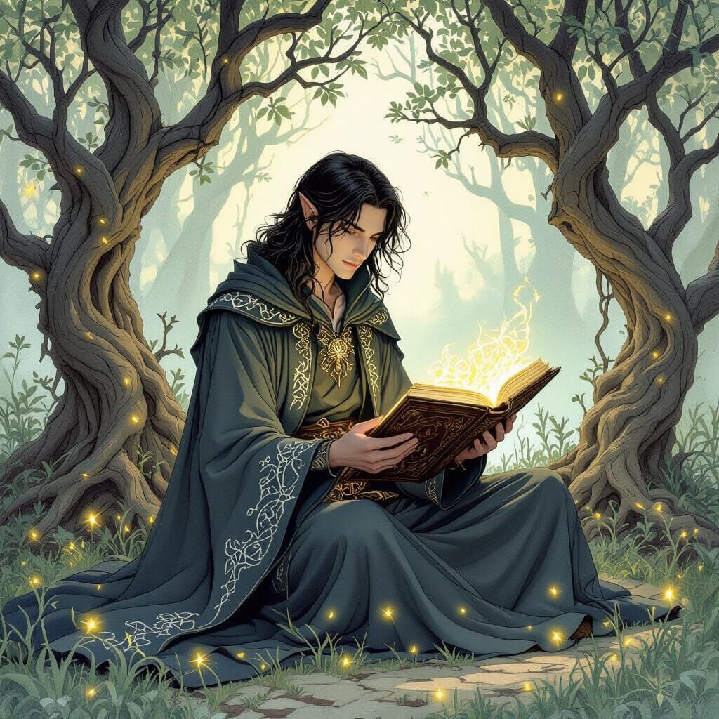 Enchanted Mage in Forest Grove, Fantasy Art