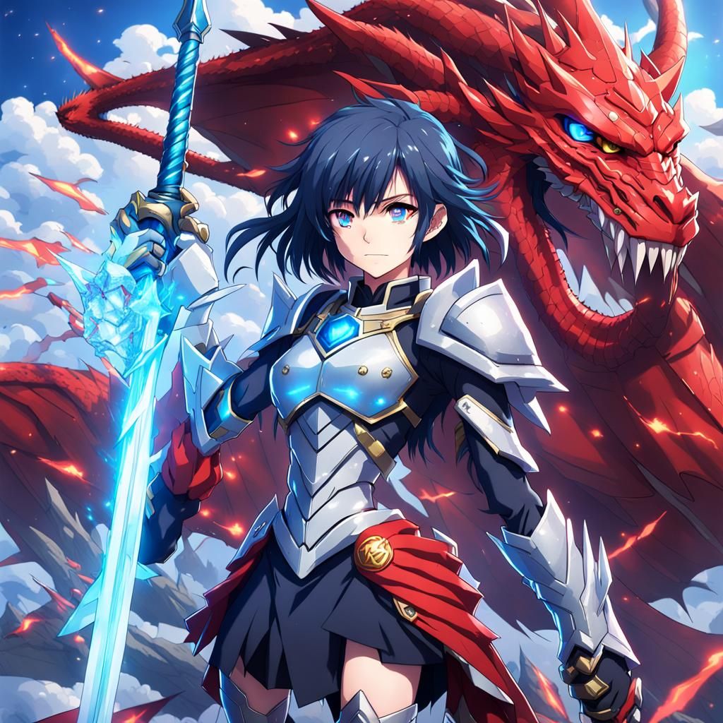 Anime Female Warrior with Dragon Armor and Lightning
