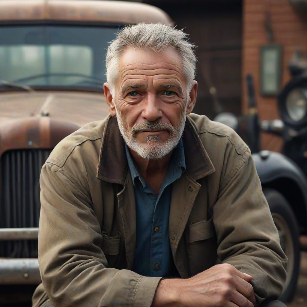 Realistic Portrait of Old Mechanic in Natural Light