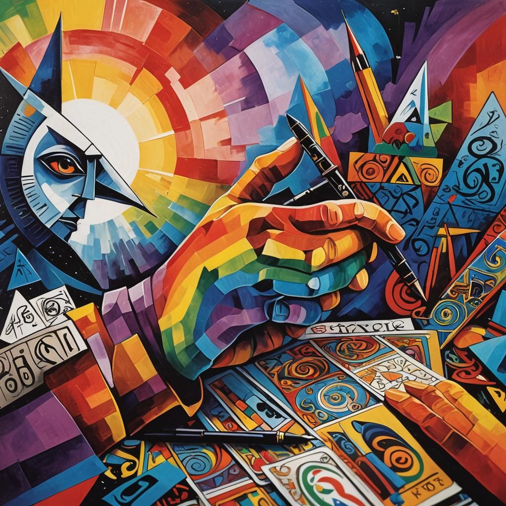 Cubist Hand Writes Rainbow Calligraphy on Tarot Card