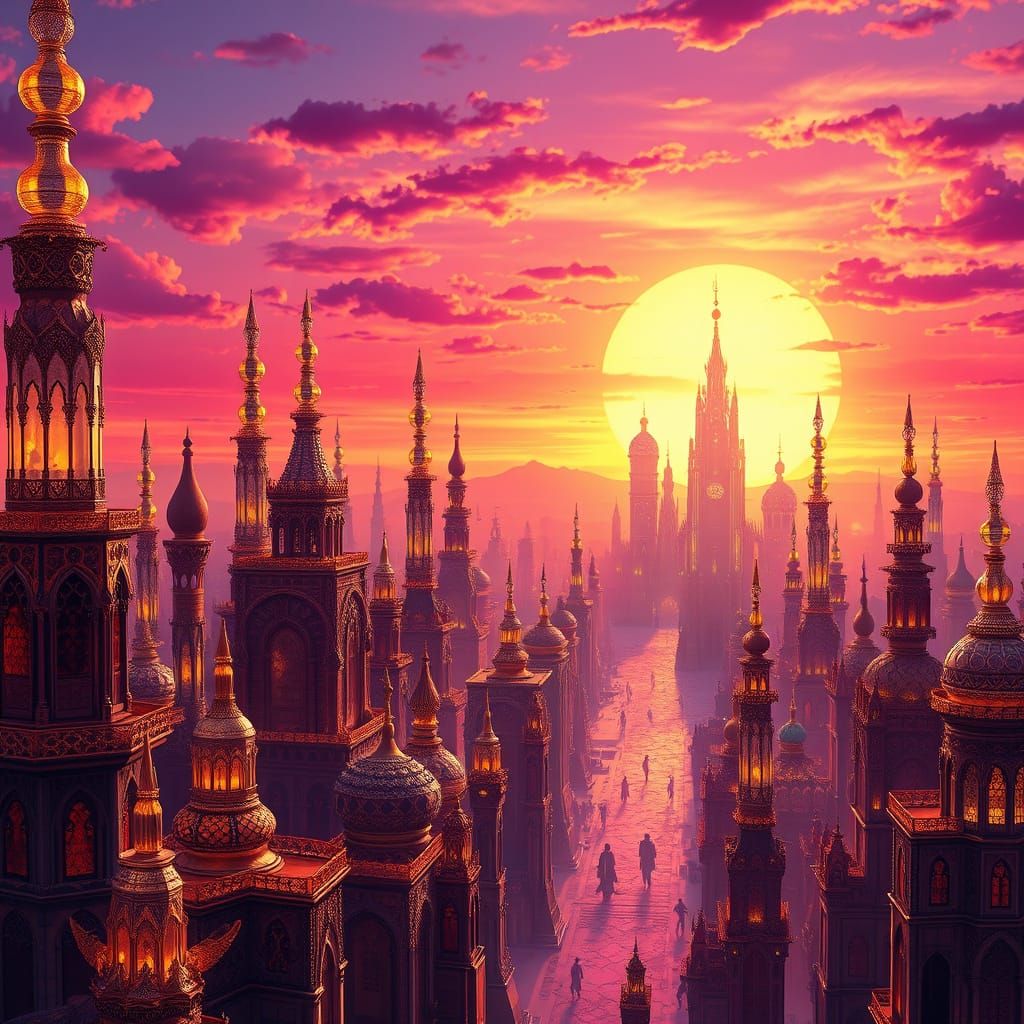 Glass and Crystal City in the Desert under a Fiery Sunset