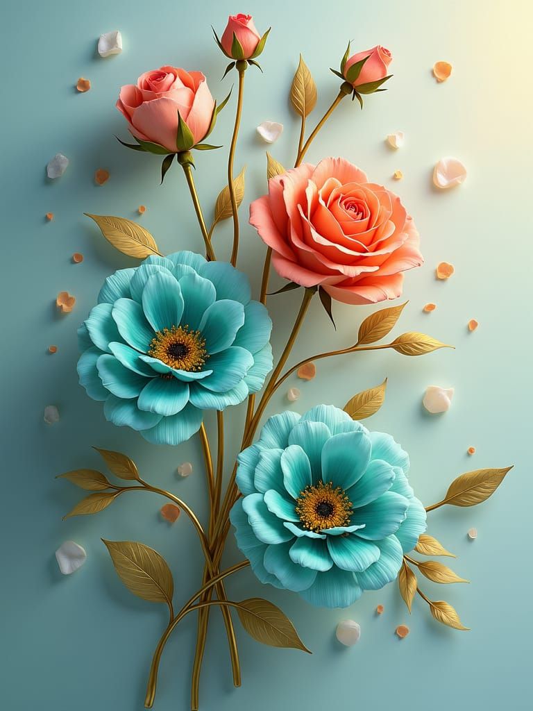 Pressed Roses with Turquoise Petals and Gold