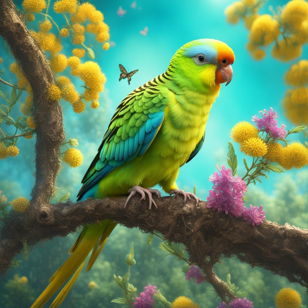 Lemon Parakeet in Sunlit Glade: Fantasy Art