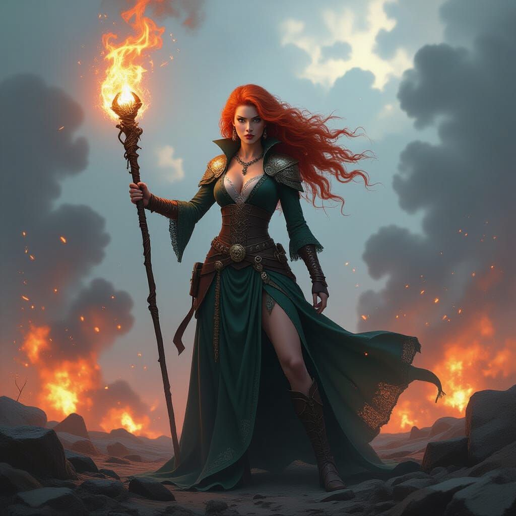 Fiery Sorceress on Battlefield in Hyperrealistic Style