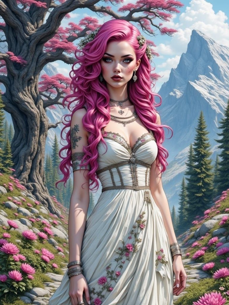 Woman in White Gown Before Mountain Landscape