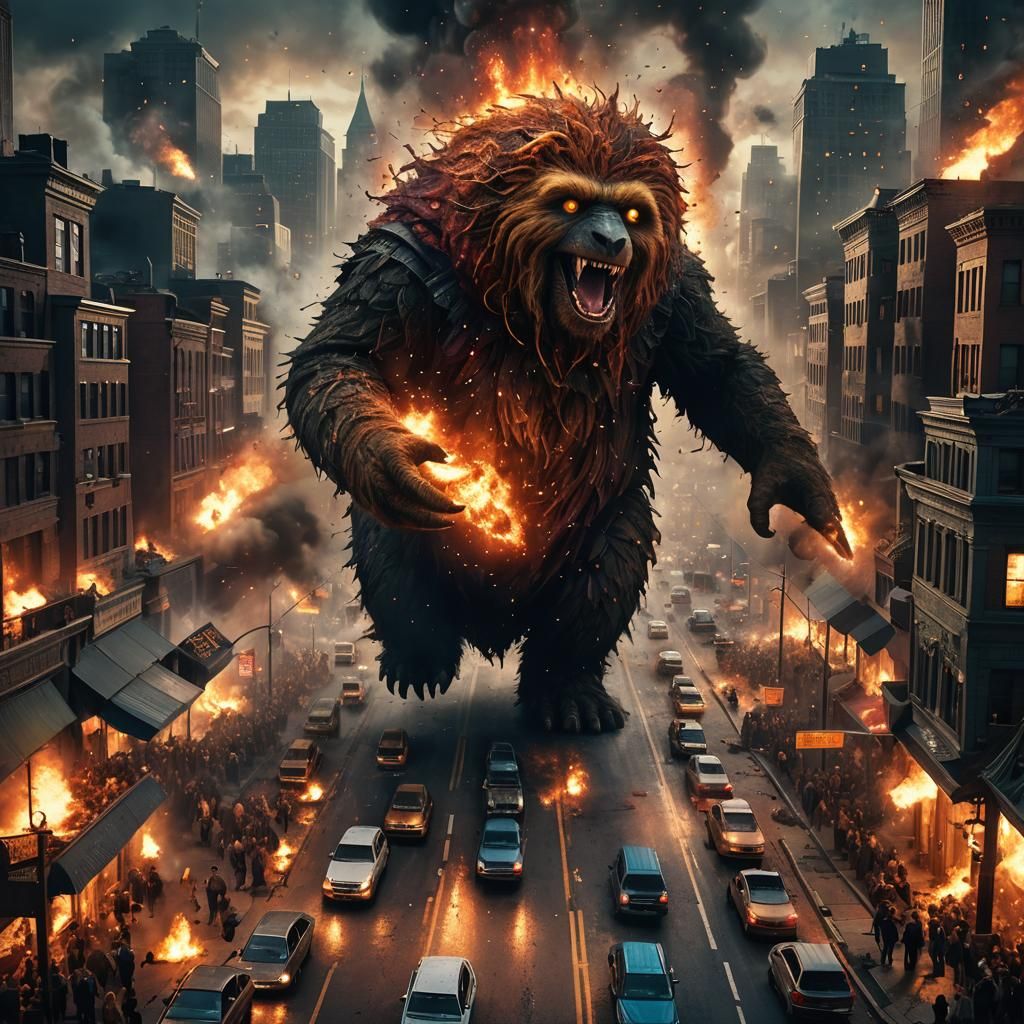 Snuffleupagus Rampage Through Metropolis, Fantasy Concept Ar...