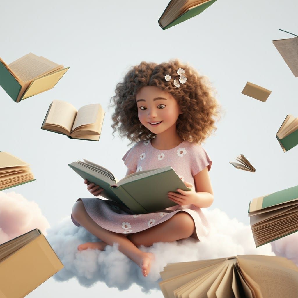 Girl Reading on Cloud in Dreamy Fantasy Style
