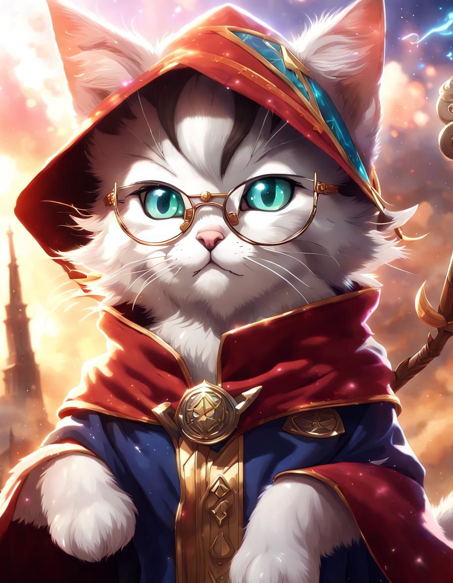 Kitten Wizard Ready for Battle in Anime Style