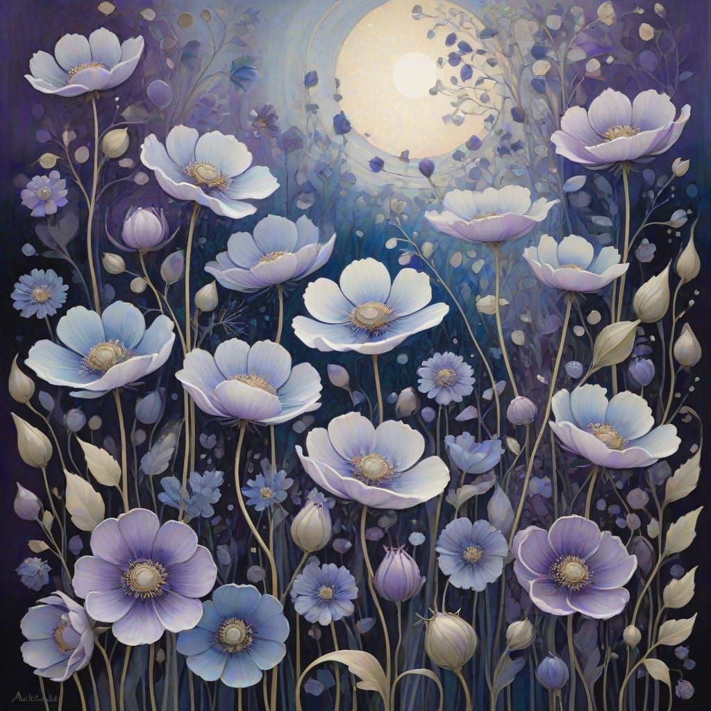 Ethereal Blue Flowers in Whimsical Symbolist Style