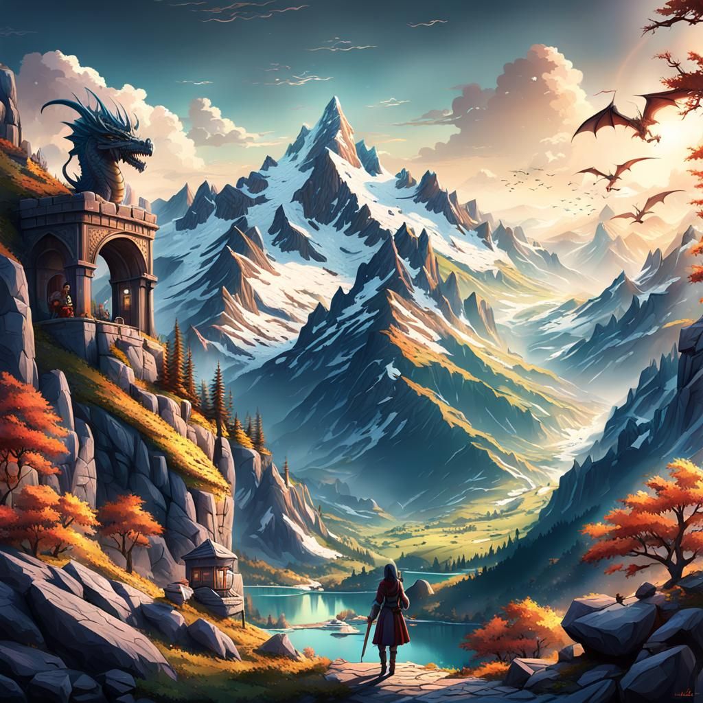 Switzerland Mountain Scene with Dragon in Cell-Shading