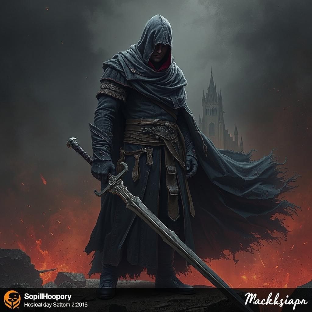 Hooded Monk in Wasteland Inferno, Dark Fantasy Art