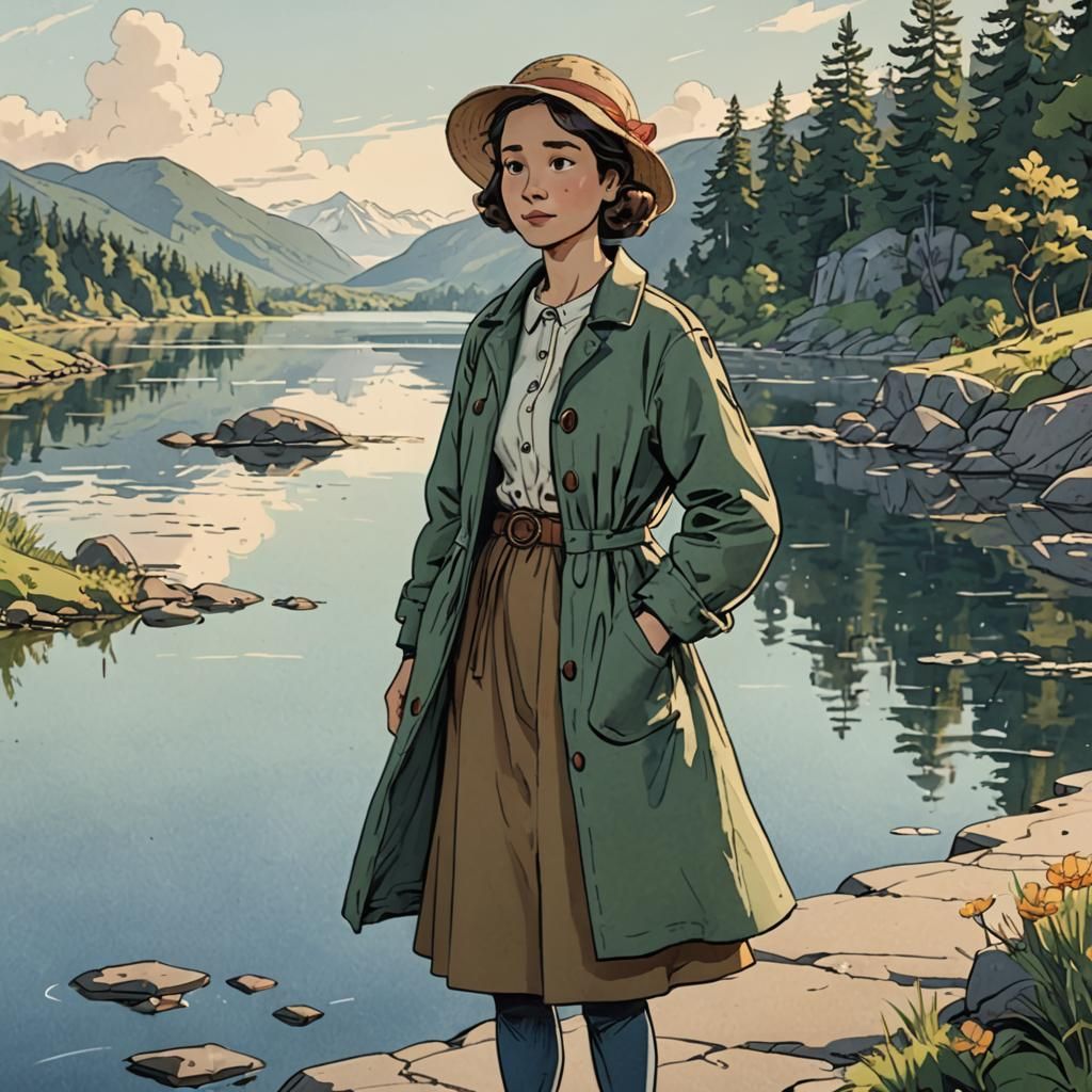 Cartoon Woman in Garment by Water