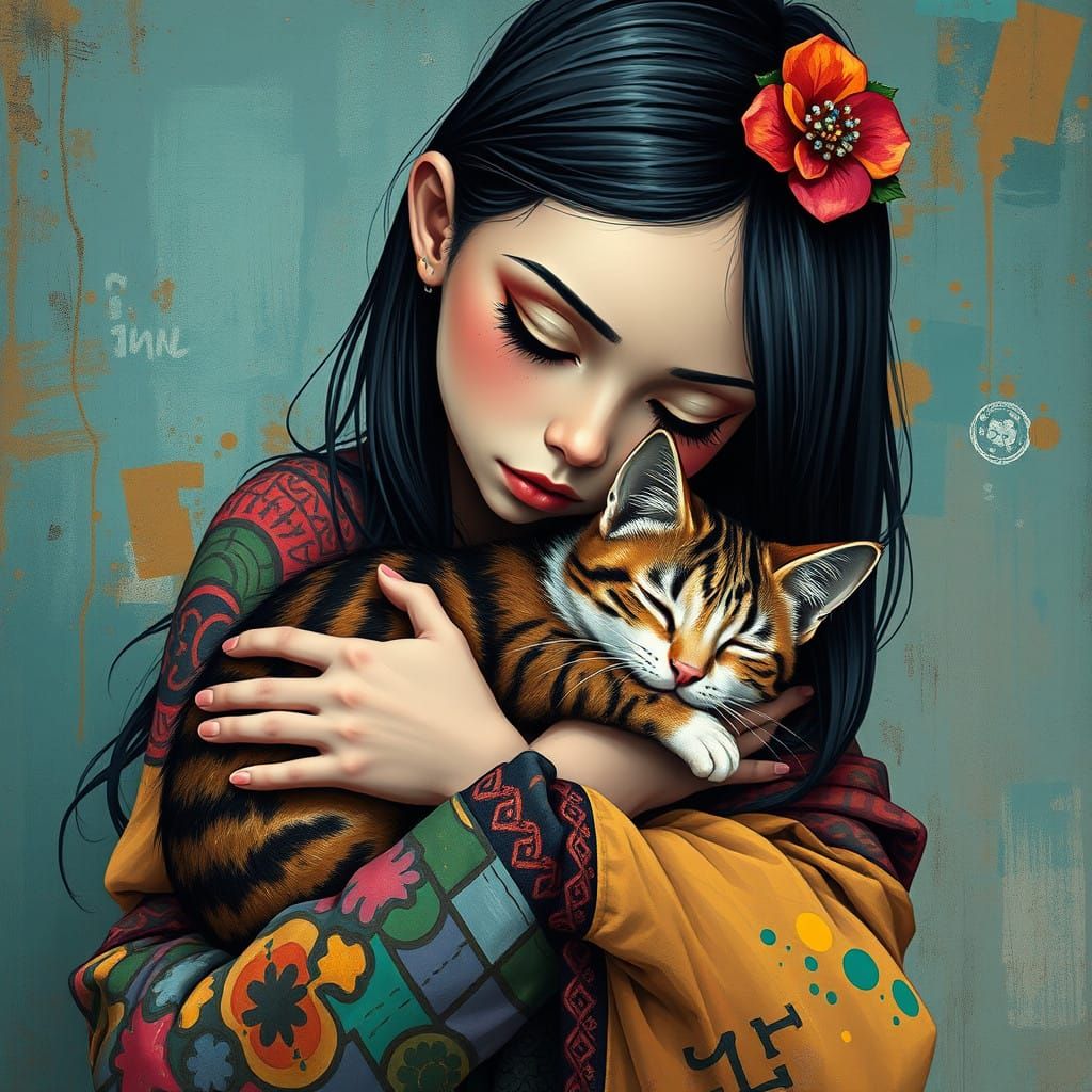 Whimsical Girl and Cat in Vibrant, Textured World