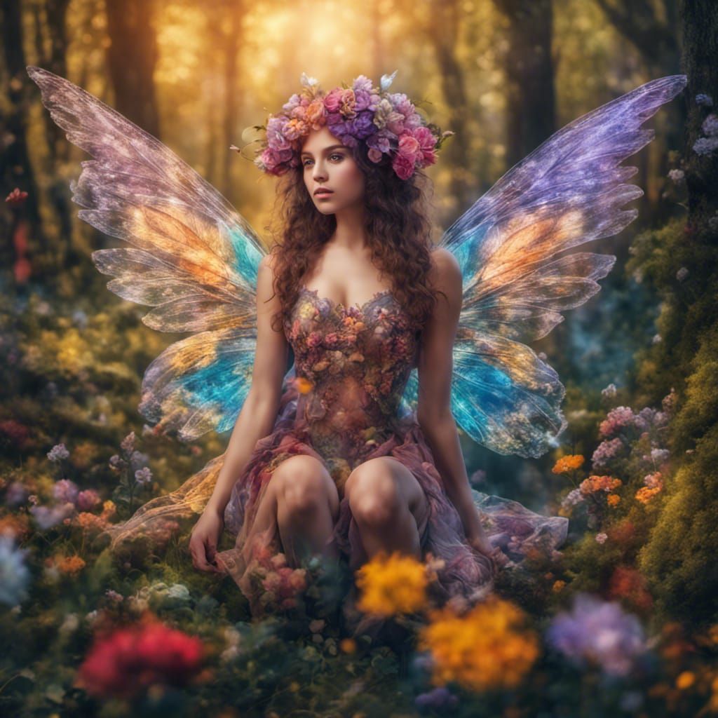 Magical Forest Fae Playing in Flowers: Hyperrealism Portrait