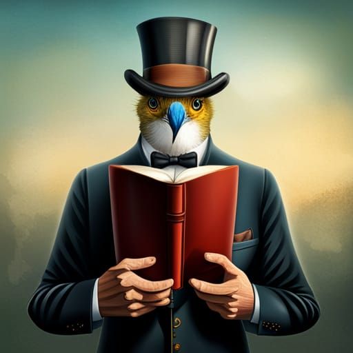Hyperrealistic Bird Portrait Reading a Book