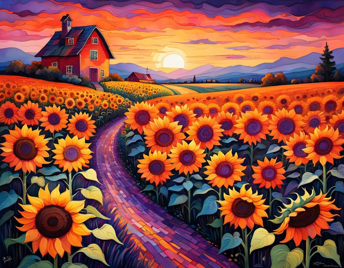 Sunflower Field Sunset: Whimsical Impasto Watercolor Illustr...