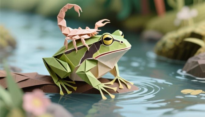 Origami Frog Carries Scorpion Across River in Papercraft Sty...