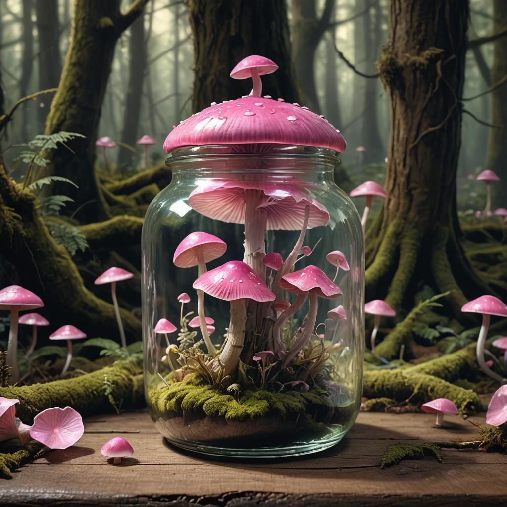 Pink Mushroom in Glass Jar, Fantasy Concept Art
