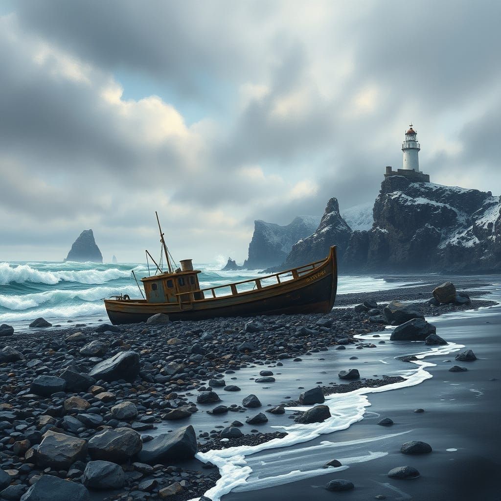 Snowy Beach Shipwreck: Gouache and Watercolor Seascape