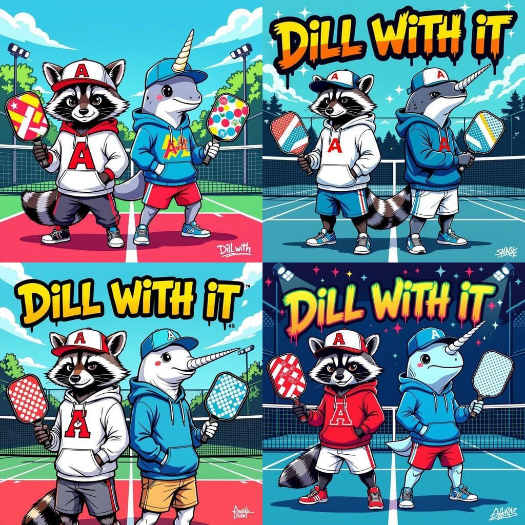 Raccoon and Narwhal Pickleball Team Logo in Comic Style