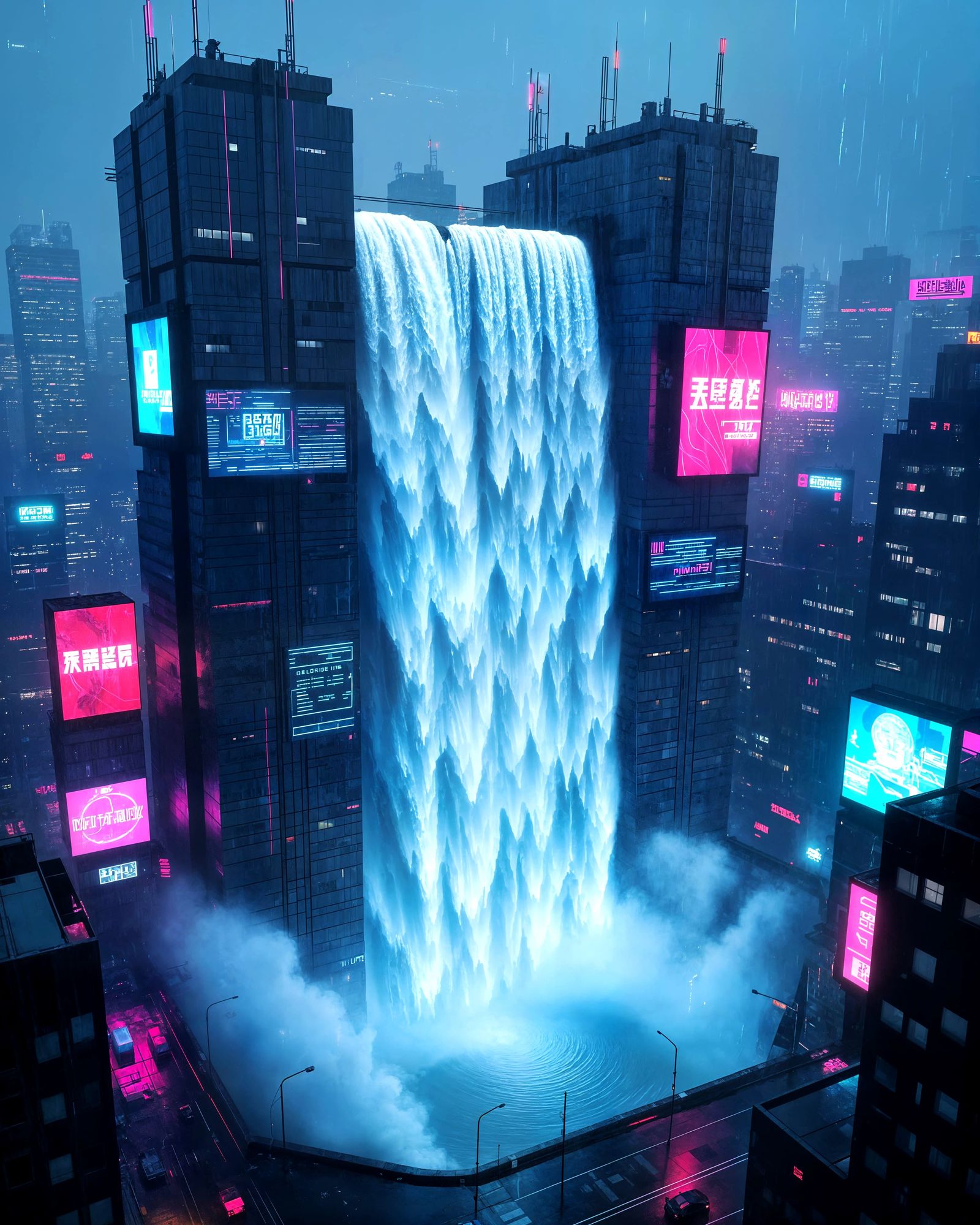 Cyberpunk Skyscraper Waterfall with Neon Circuit Patterns