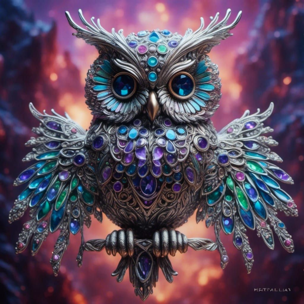 Jeweled Silver Filigree Owl with Extended Wings
