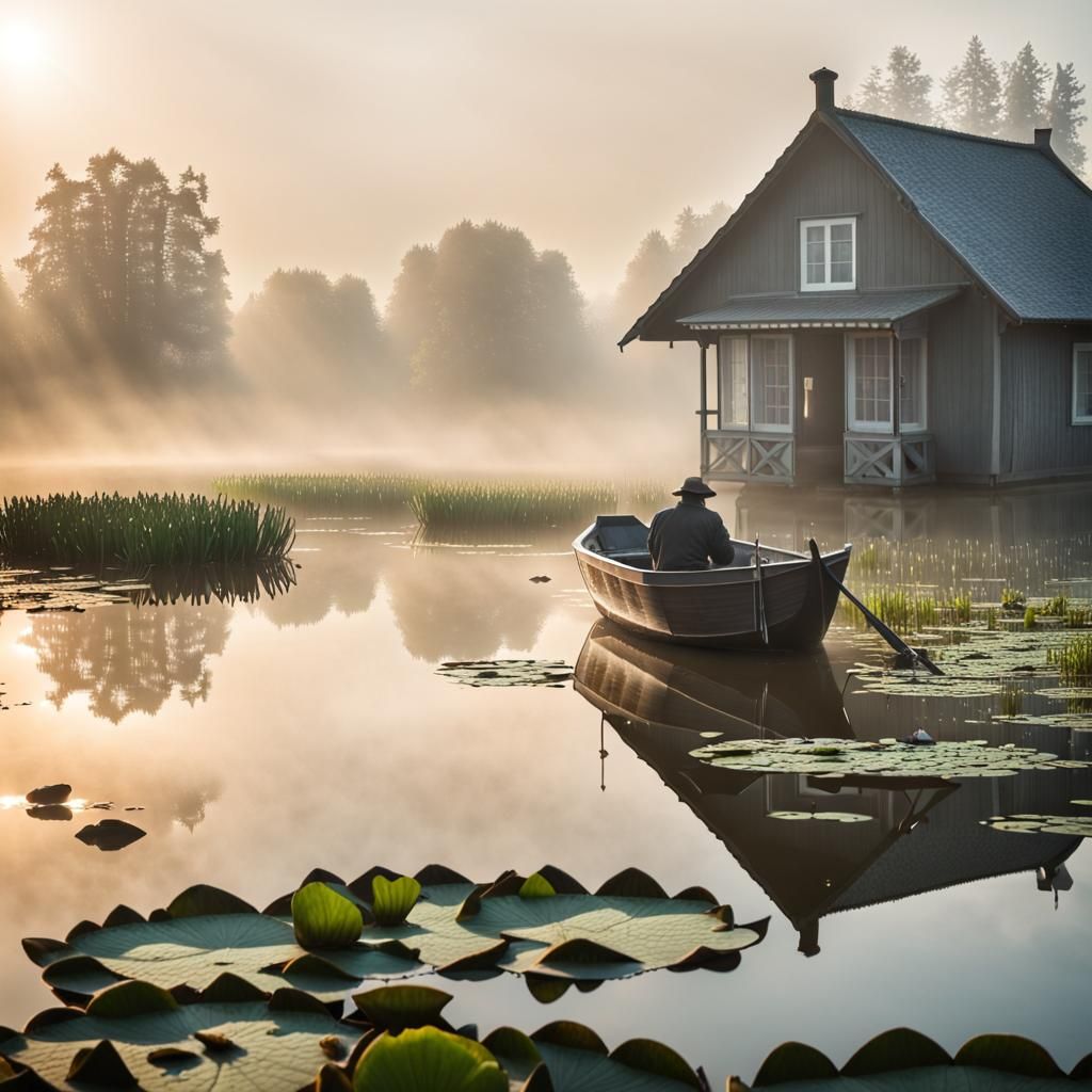 Angler at Water Lily Pond in Morning Fog