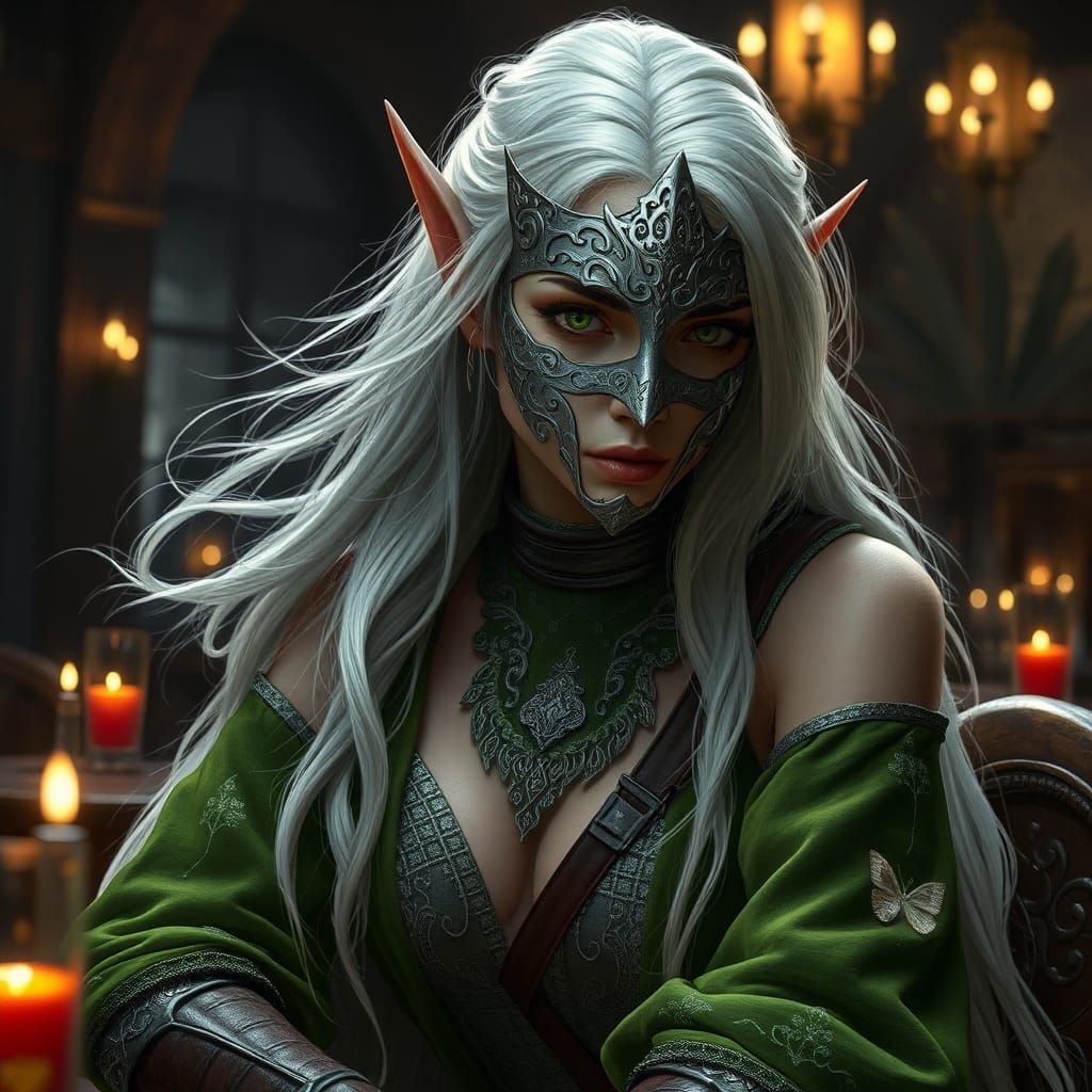 Mysterious Wood Elf in Dimly Lit Tavern