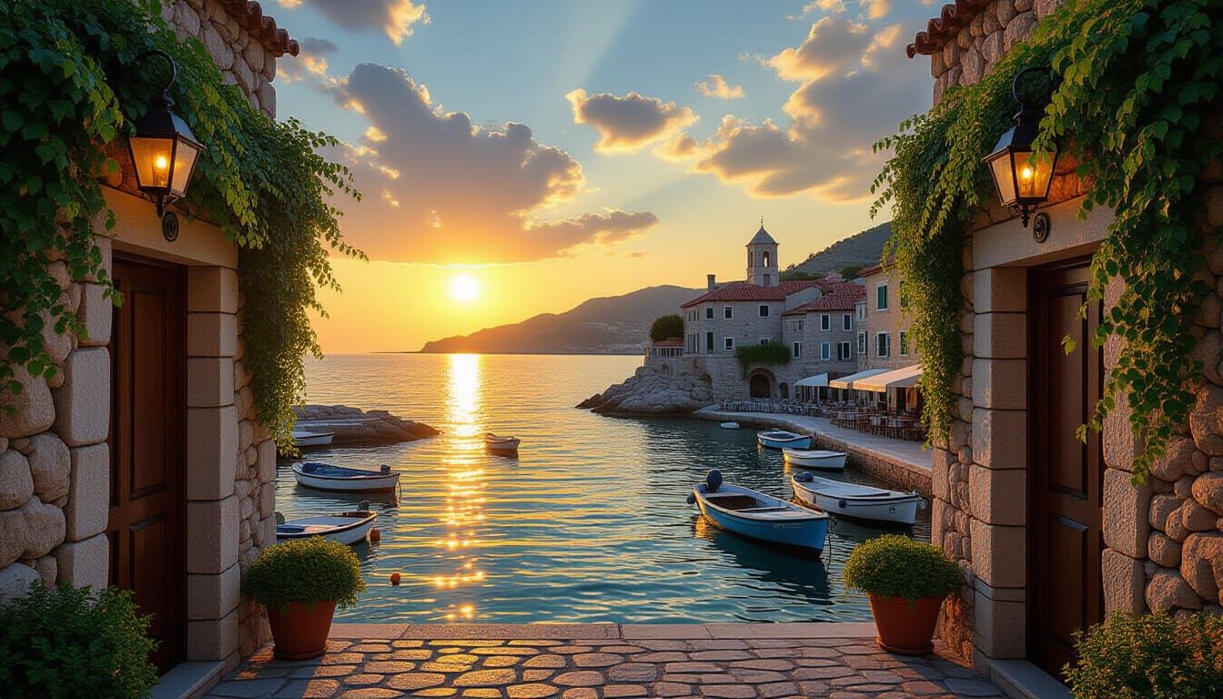 Stunning Mediterranean Coastal Harbor at Sunset
