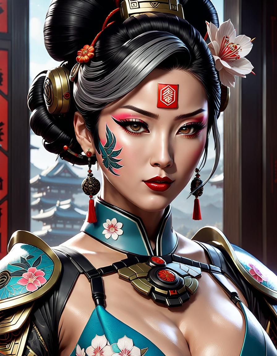 Robotic Geisha Portrait in Comic Book Style