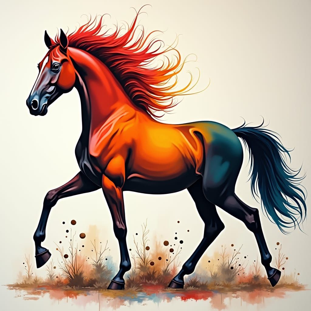 Wild Horse Expressive Art in Gouache Style