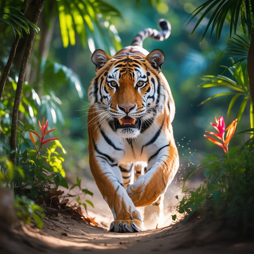 Bengal Tiger Sprinting Through Jungle