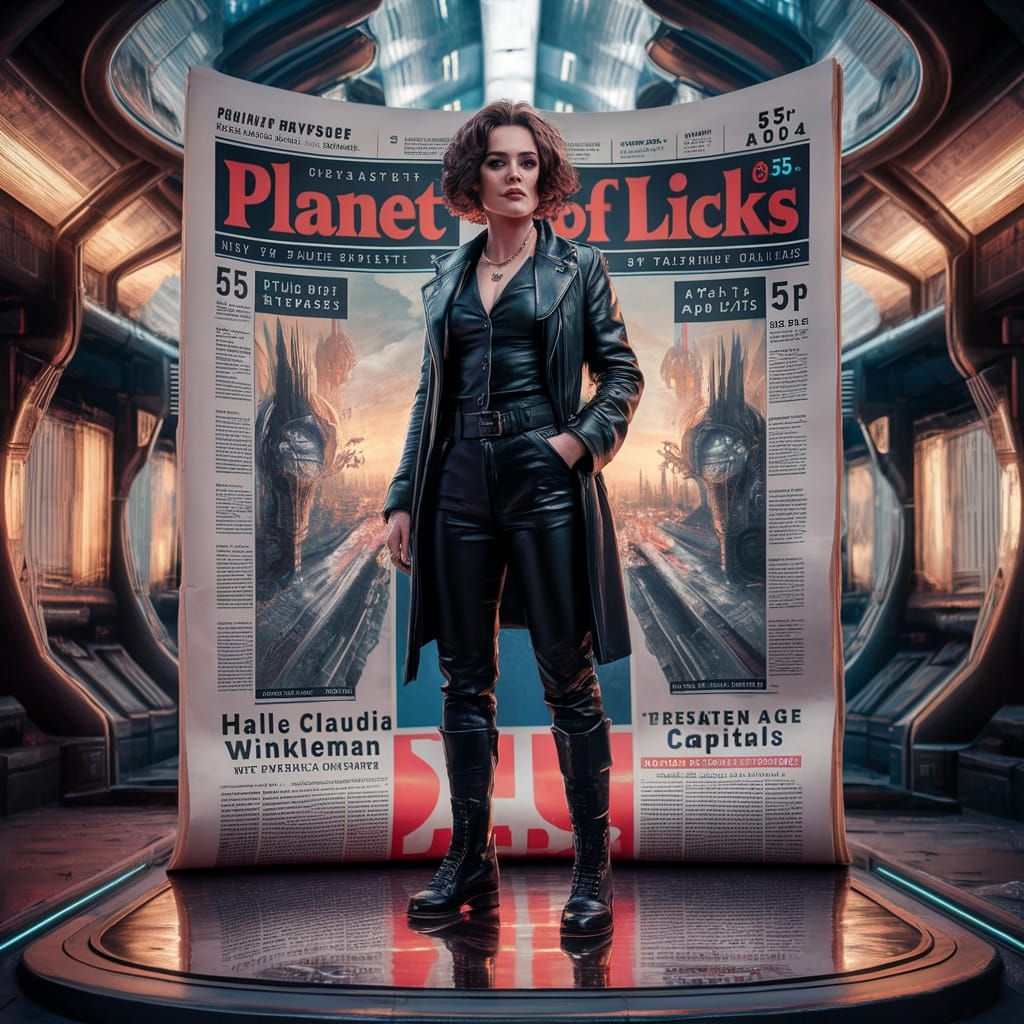 Tabloid Cover: Halle Claudia Winkleman in Dystopian Cityscap...