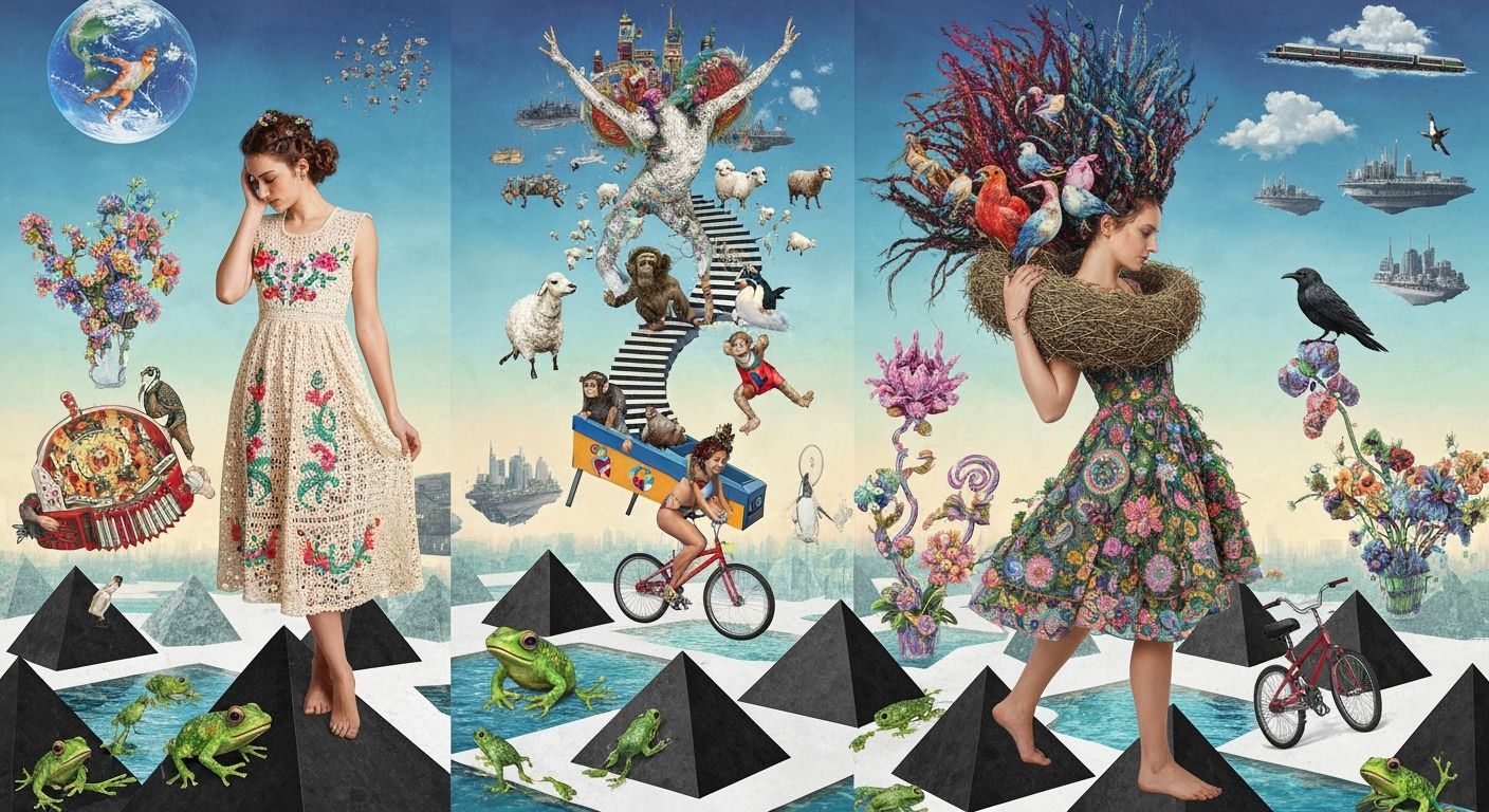 Surreal Dancer Among Pyramids and Glowing Frogs
