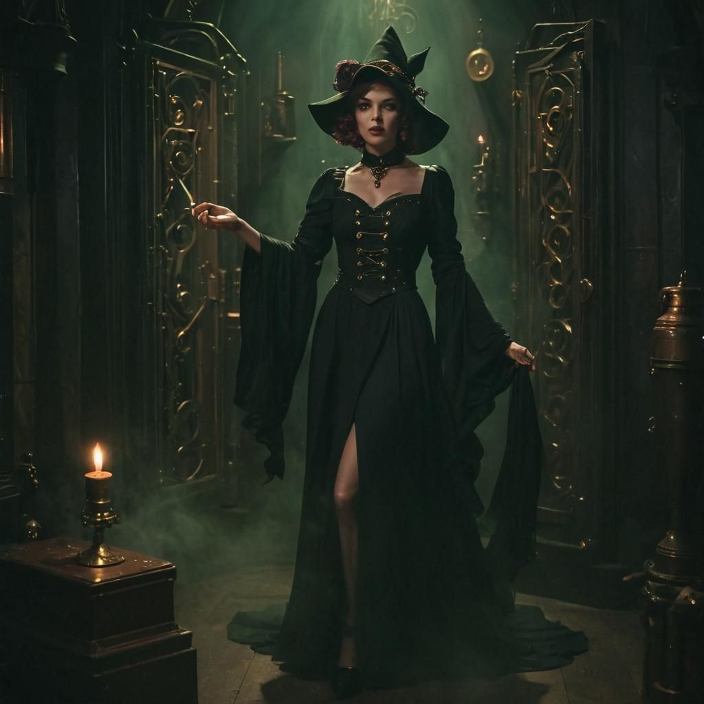 beautiful dieselpunk witch Casting a magic spell, dynamic li...